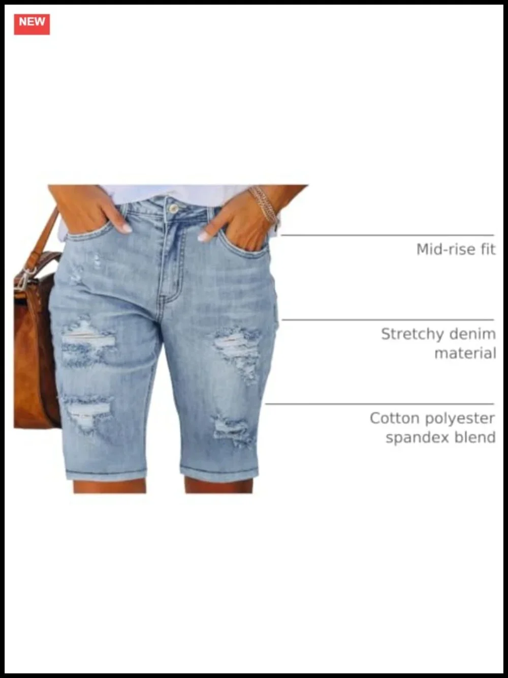 Women's Ripped Mid-Rise Denim Bermuda Shorts Stretchy Jean Shorts Knee Length